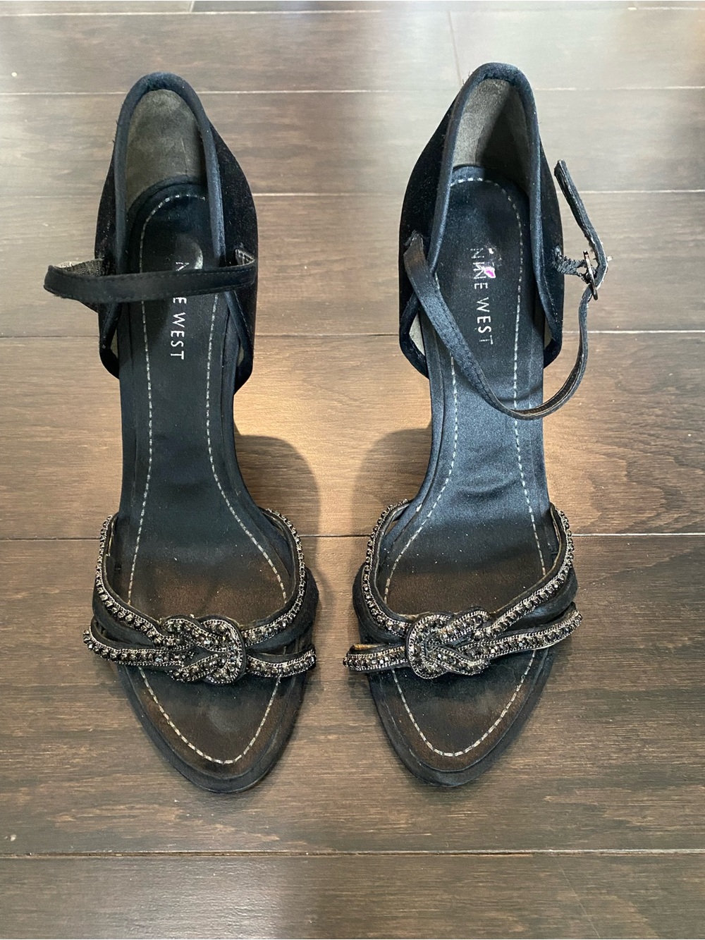 Nine West Black Beaded Ankle-Strap Heels